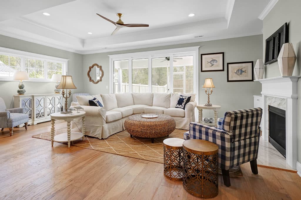 living room with round couch