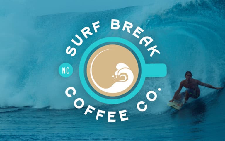 surf break coffee logo over surfing background