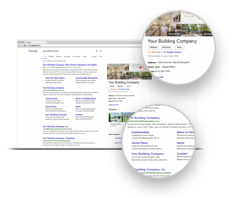 Google search results and business profile example showing home builder SEO strategy improving local rankings and visibility.