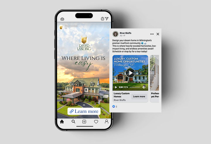 Mobile and social media ads promoting new home communities, created for home builder marketing campaigns