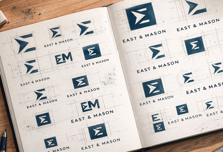 Sketchbook showing custom logo concepts and branding development for a home builder by Wilmington Design Co
