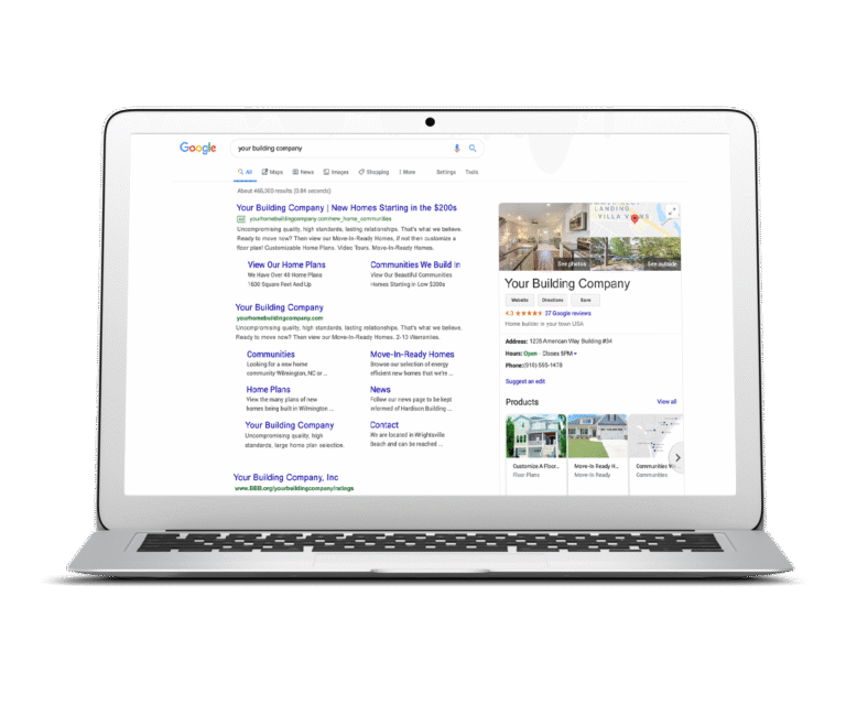 Google search results on a laptop showing a home builder paid search ad and optimized Google Business Profile listing.