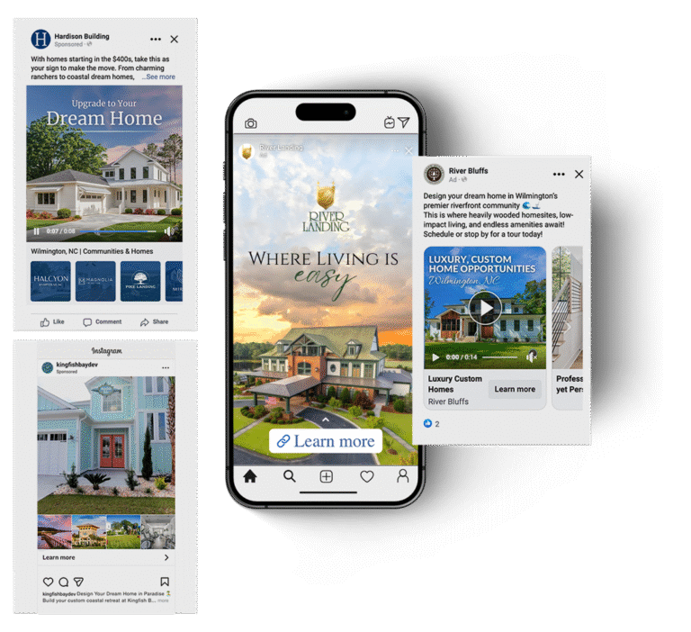 Examples of home builder social media ads on Facebook and Instagram displayed on a smartphone, promoting new homes and communities.