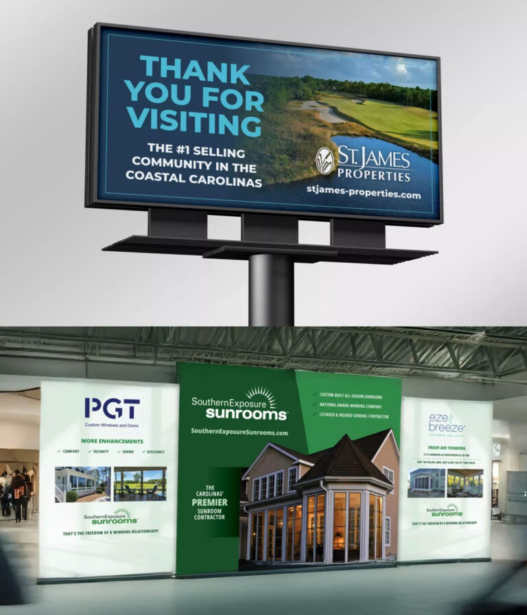 Home builder outdoor billboard and large-scale environmental graphics display promoting residential communities and services.