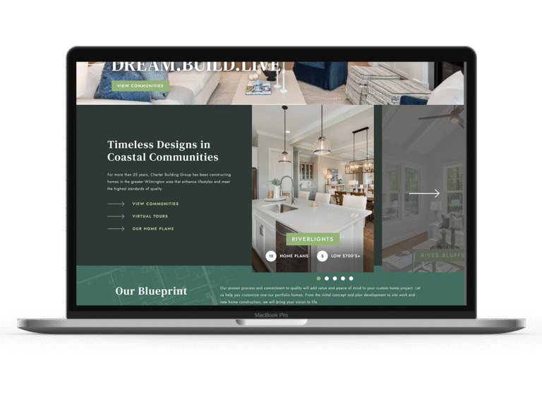 Custom home builder website design displayed on laptop showcasing coastal community homes and lead-focused calls to action.