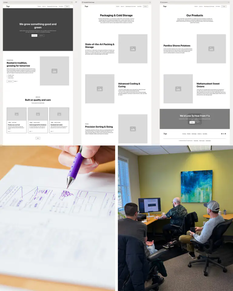 Website design process showing wireframes, layout concepts, and team collaboration