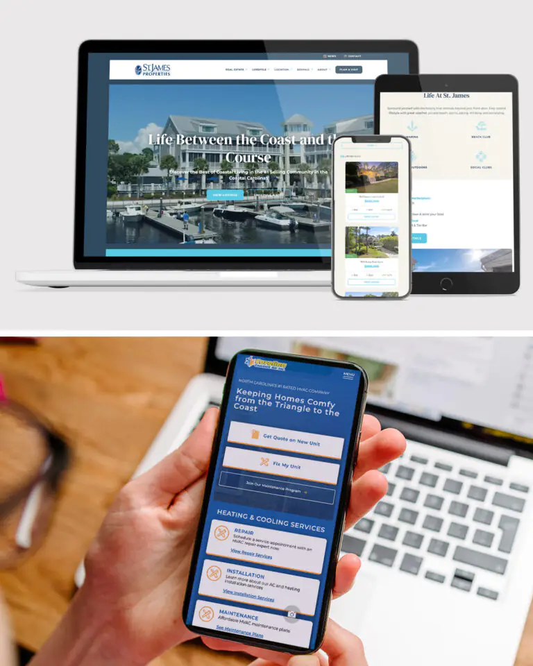 Custom website design displayed on desktop, tablet, and mobile with clear layout and calls to action
