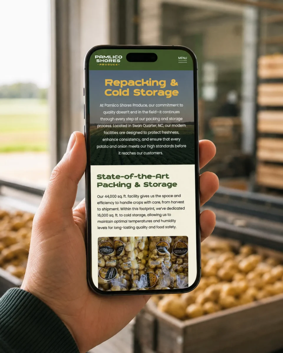 Pamlico Shores Produce repacking and cold storage mobile webpage