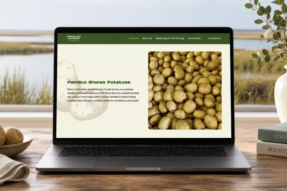 Pamlico Shores Produce potatoes webpage shown on a laptop