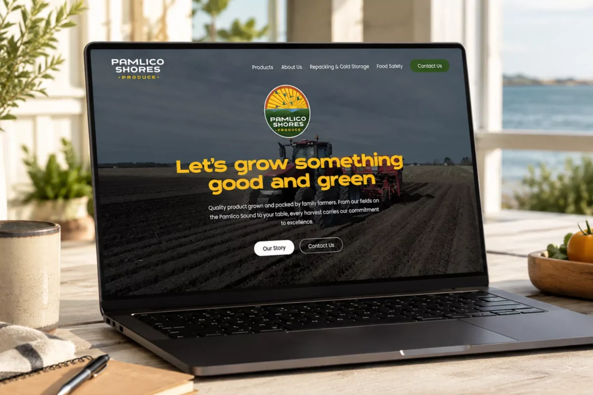 Pamlico Shores Produce website homepage shown on a laptop