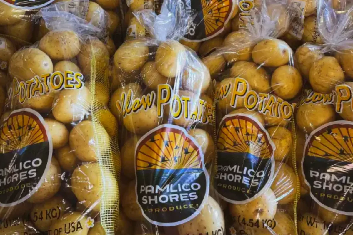 Pamlico Shores Produce potatoes in branded packaging